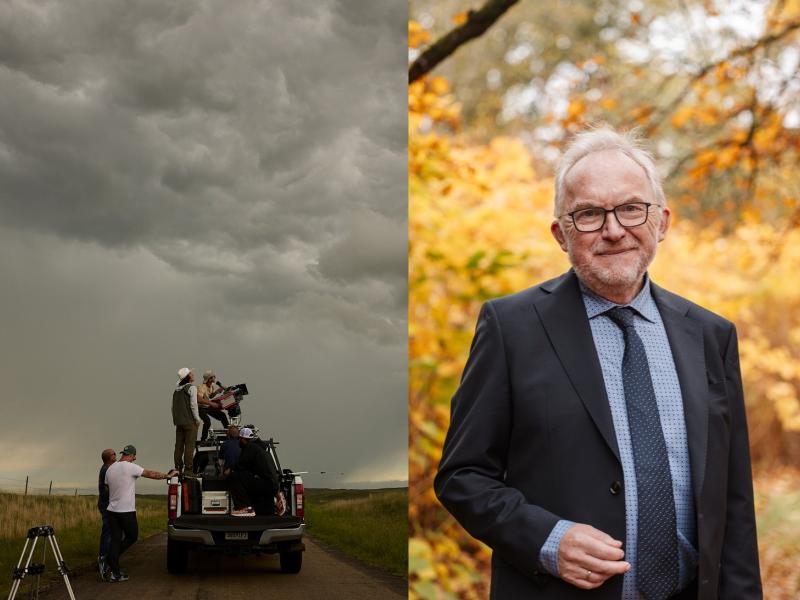 Billede fra filmen Stormbound og et portræt af Jesper Theilgaard