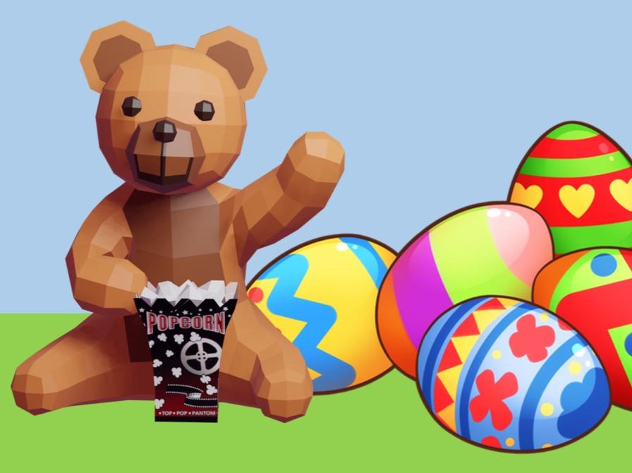 Billede af Bamse og en bunke påskeæg.